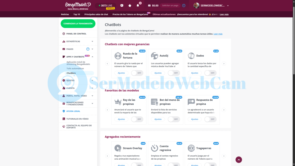 Bots de BongaCams configurados en panel de BongaModels