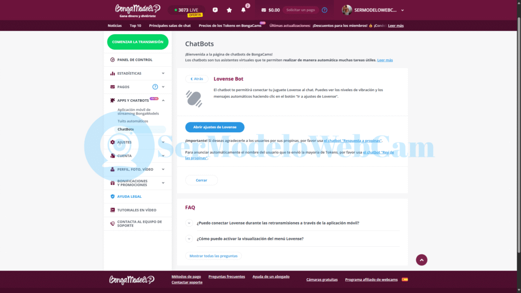 Configuración de bots de BongaCams con Lovense