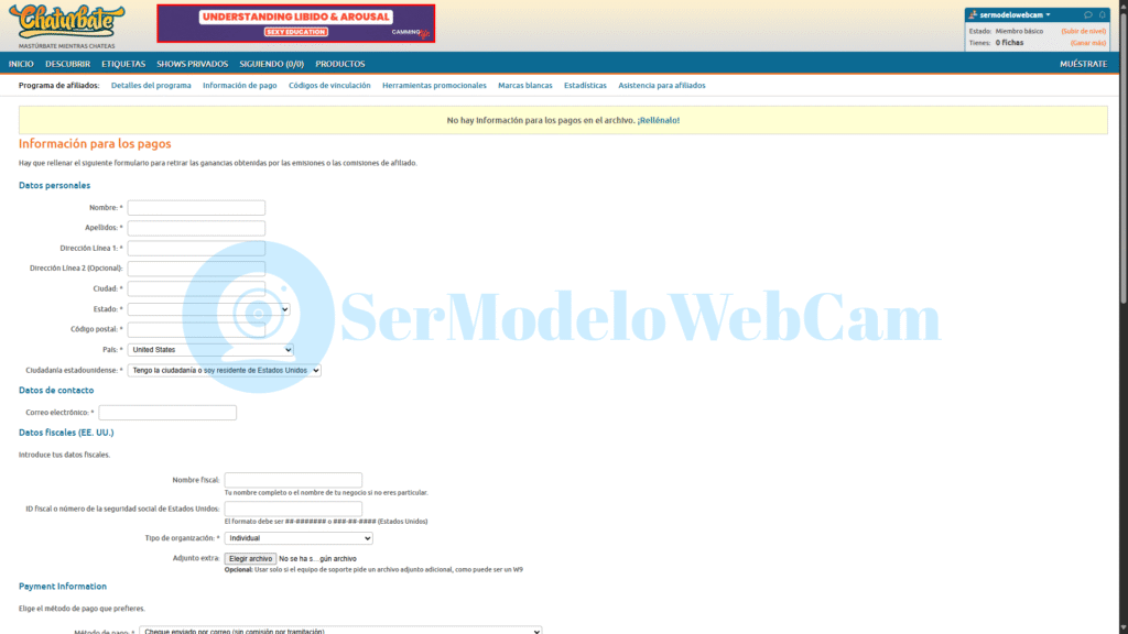 Formulario de pago de Chaturbate para retirar dinero