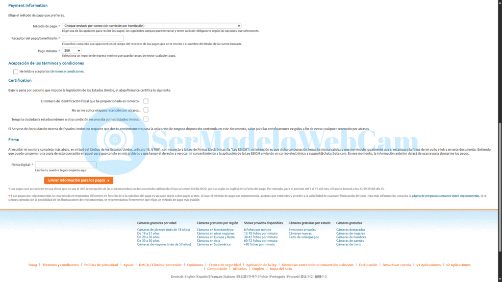 Selección de método de pago en Chaturbate