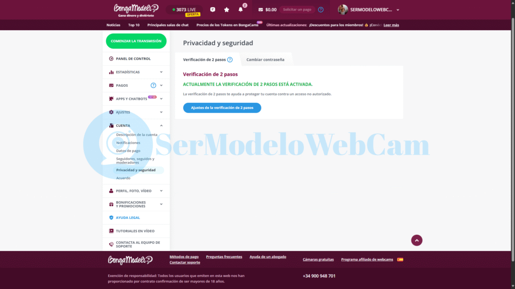 Configurar privacidad BongaCams panel de privacidad