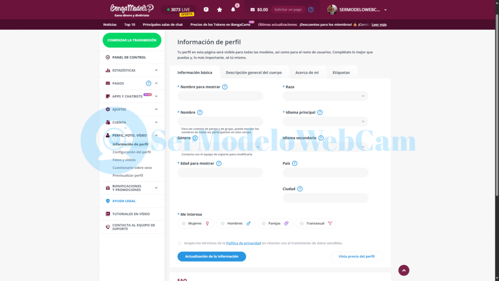 editar bio en BongaCams correctamente paso a paso para modelos webcam
