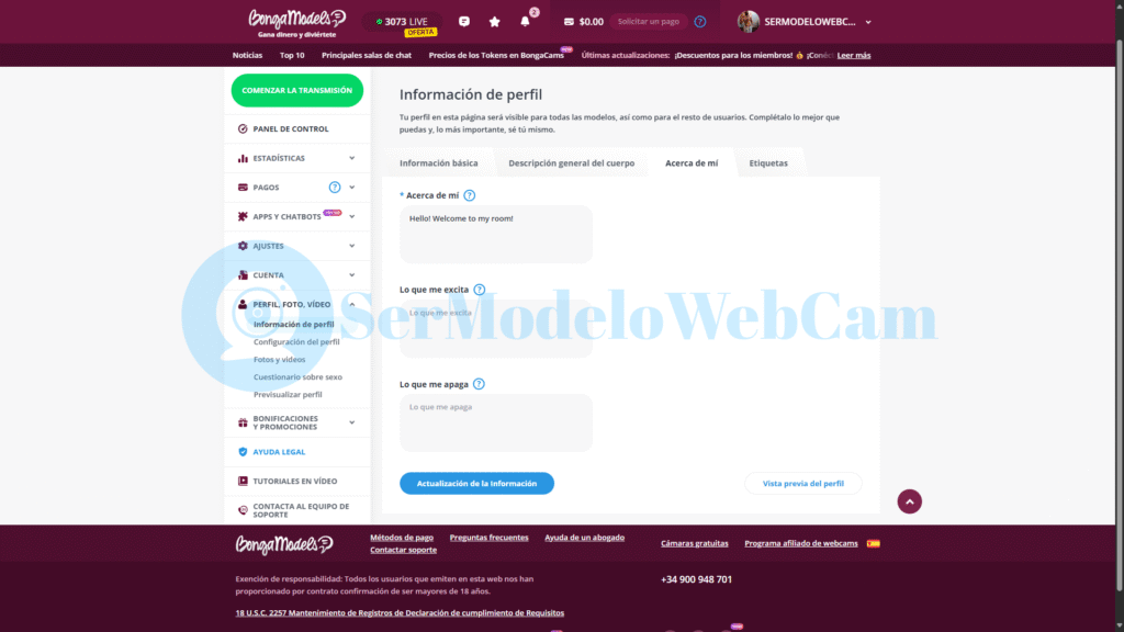 editar bio en BongaCams con categorías y etiquetas