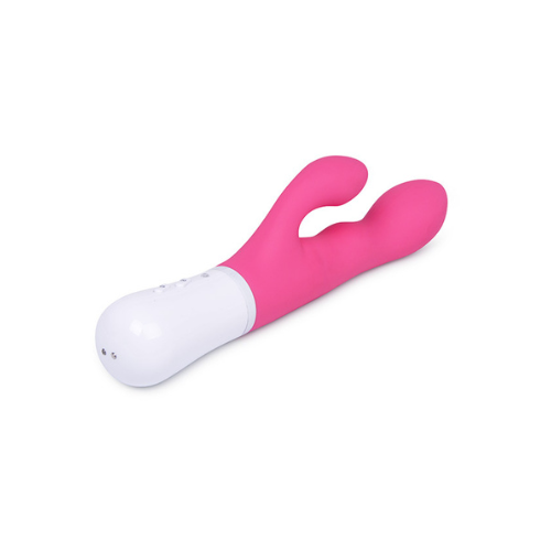 Vibrador Lovense Nora acostado en color rosa y blanco.