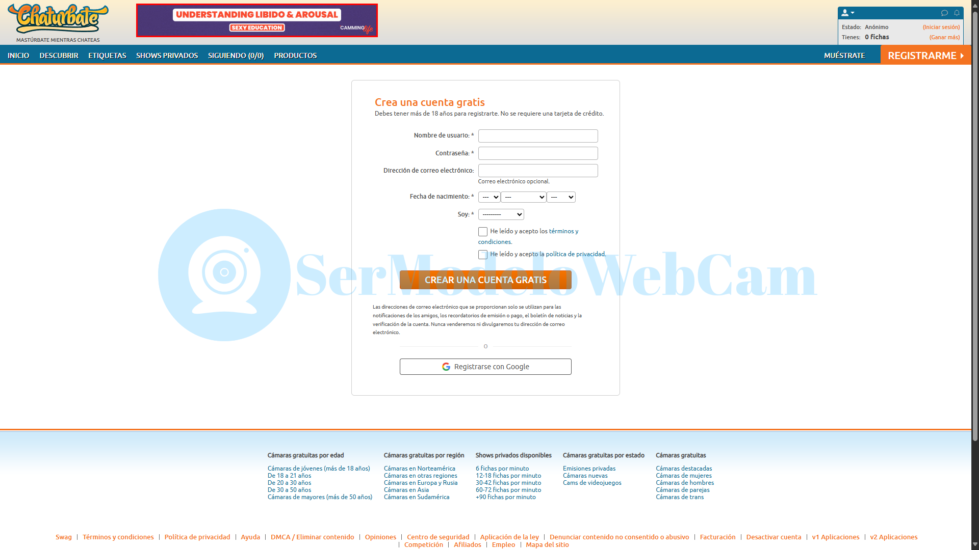 Formulario para crear cuenta en Chaturbate paso a paso