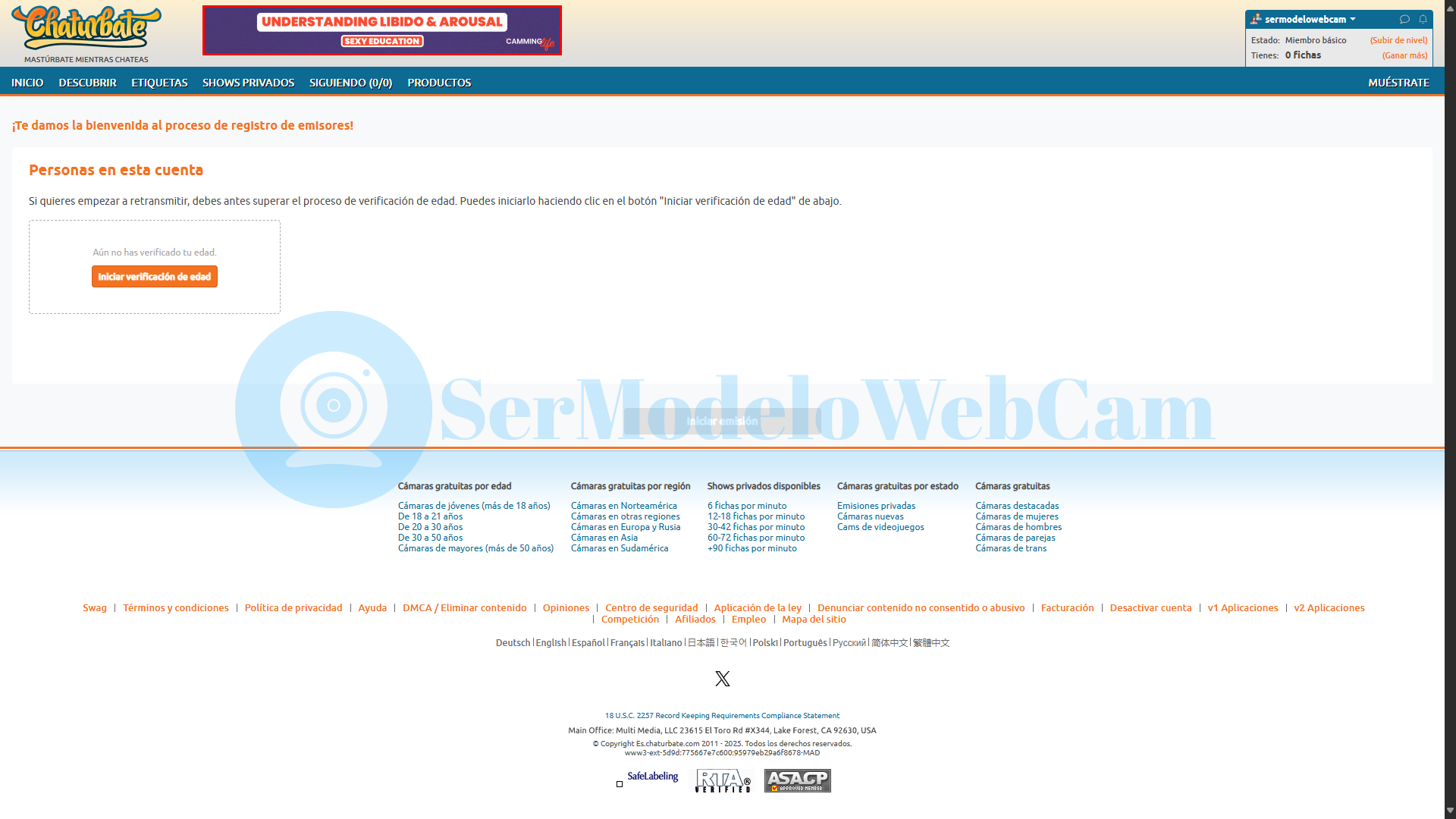 Verificación de cuenta en Chaturbate para modelos webcam